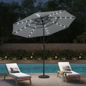 3-Tier Grey Umbrella with Solar Lights and Black Concrete-Filled Patio Umbrella Stand