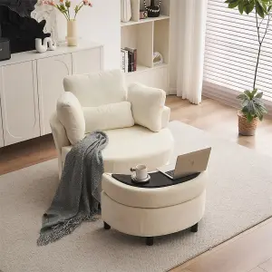 Chenille Swivel Armchair with 3 Back Cushion Pillow Ottoman Crescent Stool, Ivory 