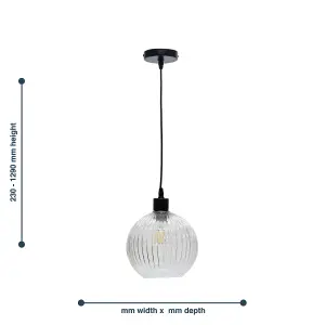 First Choice Lighting Betchley Clear Ribbed Glass Globe with Black Pendant Fitting