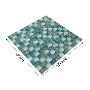 Bressia Blue & green Gloss Glass effect Glass Mosaic tile, (L)306mm (W)306mm