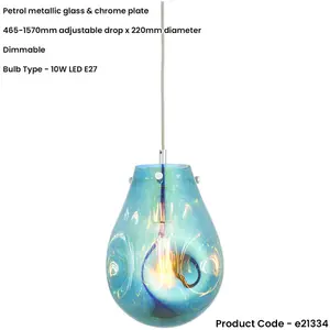 Hanging Ceiling Pendant Light - Petrol Blue Metallic Glass & Chrome Plate - 10W LED E27