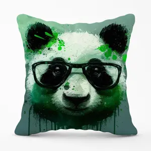 Panda With Glasses, Green Splashart Cushions 45cm x 45cm