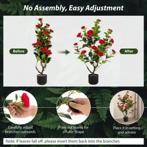 Costway Artificial Camellia Tree Faux Flower Plant Pot Artificial Tree W/ 24 Red Flowers