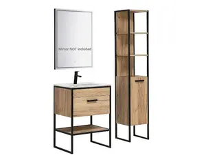 Bathroom Furniture Set: Tall Unit 600 Vanity Sink Cabinet Black Steel Oak Finish Freestanding Loft Industrial Brook