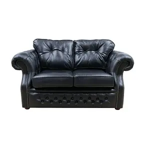 Chesterfield 2 Seater Old English Black Real Leather Sofa Bespoke In Era Style