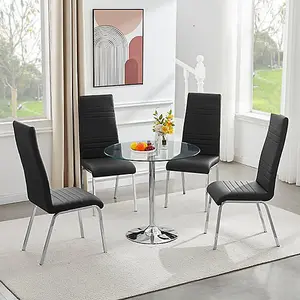 Dante Round Clear Glass Dining Table With 4 Dora Black Chairs