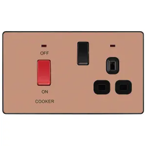 British General Screwless Gloss Copper Cooker switch & socket with neon & Black inserts