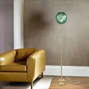 Designer Chic Floor Lamp with Brushed Gold Base and Emerald Green Glass Shade