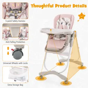 Costway Folding Baby High Chair Height Adjustable Convertible High Chair W/ Removable Tray