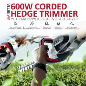 NETTA 600W Corded Hedge Trimmer and Cutter 55cm Diamond Cutting Blade