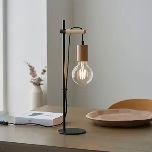 Luminosa Sven Complete Table Lamp, Matt Black, Natural Wood