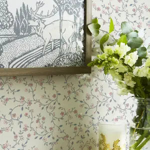 Laura Ashley White, Duck Egg & Pink Blencow Sprig Smooth Wallpaper