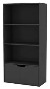 URBNLIVING Height 118Cm 4 Tier Wooden Bookcase Cupboard with Doors Storage Shelving Display Colour Black Door Black Cabinet Unit