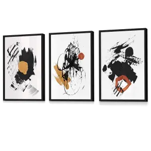 Set of 3 Black and Yellow Prints of Abstract Oil Paintings Wall Art Prints / 42x59cm (A2) / Black Frame