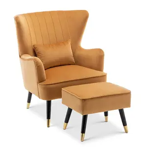 Velvet Gold Camila Accent Wingback Chair with Footstool