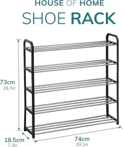 House of Home 5 Tier Shoe Rack Freestanding Metal Rail Stand 15-20 Pairs Quick Build Black