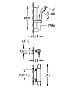 Grohe 1000 G1000 Thermostatic Bar Mixer Shower + Tempesta Riser Rail