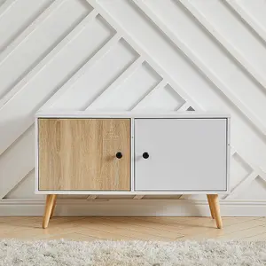 2 Doors TV Stand Two-Tone Design With Raised Wooden Legs