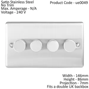 4 Gang 400W 2 Way Rotary Dimmer Switch SATIN STEEL Light Dimming Wall Plate