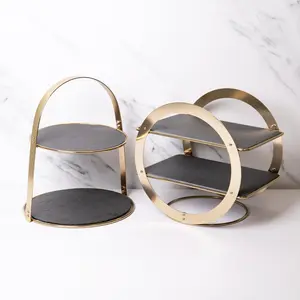 Artesà 2-Piece Brass Serving Stand With Slate Platters Set