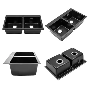 Quartz Undermount Kitchen Sink Double Bowl Black 835x490mm