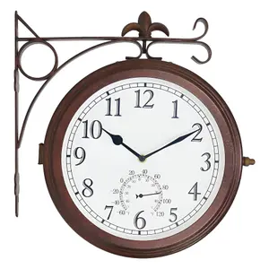 Outdoor Garden Station Clock With Thermometer Antique Bronze Double Sided