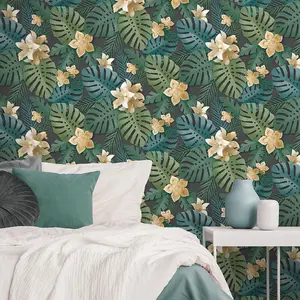 Dimensions Tropical Wallpaper Green / Mustard Fine Decor FD4231