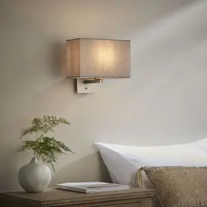 Wall Light & Shade Matt Nickel & Grey Fabric 60W E27 Living Room e10296