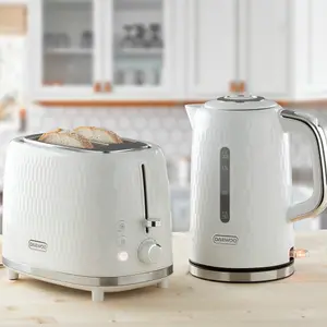 Daewoo White Hive Retro Matching Kettle and Toaster Set 3KW Rapid Boil 1.7 Litre 2 Slice with Crumb Tray SDA2671GE