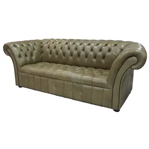 Chesterfield 3 Seater Buttoned Seat Old English Sand Leather Sofa In Balmoral Style