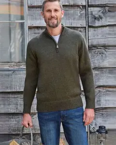 Mens 100% Pure Wool Country Zip Neck Jumper Green | Woolovers