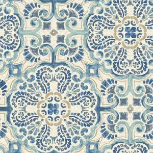 NuWallpaper NUS2235 Florentine Tile Peel & Stick Wallpaper, Blue