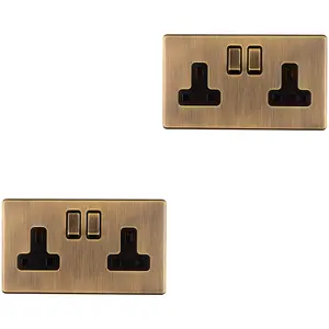 2 PACK 2 Gang DP 13A Switched UK Plug Socket SCREWLESS ANTIQUE BRASS Wall Power