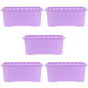 Wham Crystal Sparkle 5x 45L Plastic Storage Boxes with Lids Sparkle Lavender (Purple). Medium Size, Strong (Pack of 5, 45 Litre)