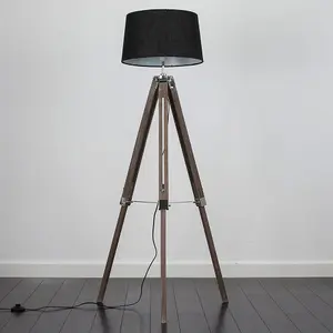 ValueLights Clipper Wood and Silver Chrome Tripod Floor Lamp with Black Tapered Shade - Complete with 6w LED GLS Bulb