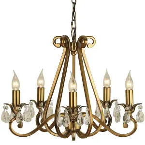 Esher Ceiling Pendant Chandelier Antique Brass & Crystal Curved 5 Lamp Light