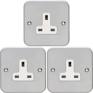 3 PACK 1 Gang Single 13A Unswitched UK Plug Socket HEAVY DUTY METAL CLAD Power