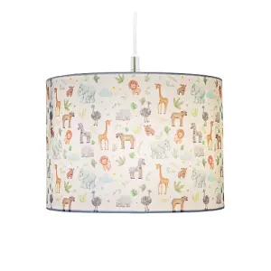 Safari Themed White Cotton Lamp Shade with Hand Drawn Pastel Coloured Animals