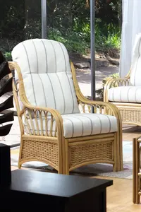 Desser Vale Light Oak Natural Rattan Conservatory Armchair Real Cane Indoor Wicker Chair w/ UK Sewn Cushion in Linen Taupe Fabric