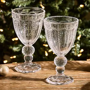 Set of 2 Vintage Luxury Clear Embossed Drinking Wine Goblet Glasses