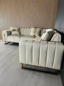 Genova Velvet Champagne Corner Sofa With Gold Metal Legs