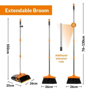 Long Handled Dustpan and Brush Set - Brush And Dustpan - 130cm Extendable Handle Brush And Dustpan Combo for Indoor Outdoor Lobby