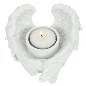 Glitter Angel Wing Tealight Candle Holder - White