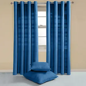 Homescapes Cotton Rajput Ribbed Blue Curtain Pair, 66 x 72" Drop