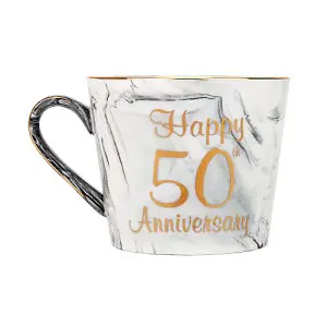 Beautiful 50th Anniversary Grey and Pink Marble Ceramic Mugs with Golden Trim