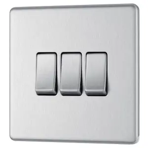 BG FBS43 Nexus Screwless Flat-Plate Triple Light Switch Brushed Steel 2 Way 10A