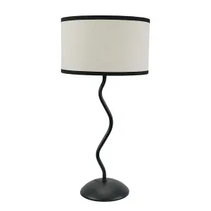 ValueLights Wiggle Black Metal Single Stem Table Lamp with Linen Black Trim Drum Lamp Shade and LED Bulb