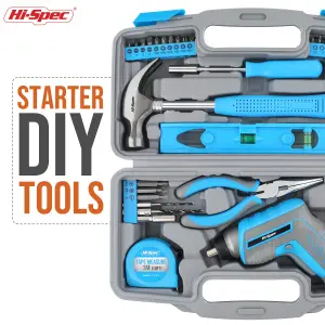 Hi-Spec 35pc Blue 3.6V USB Power Cordless Screwdriver & Home Repair Hand Tool Kit Set. Electric Screwdriving in Tool Box