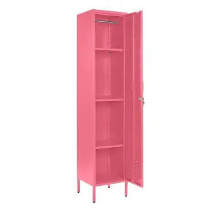 Pink Metal Locker Tall 3 Shelf Cabinet, 1 Door Modern Industrial Rustic Wardrobe Storage Cupboard for Living Room or Office