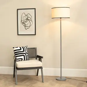 ValueLights Heather Grey Wood Single Stem Floor Lamp with Natural Black Trim Fabric Drum Shade